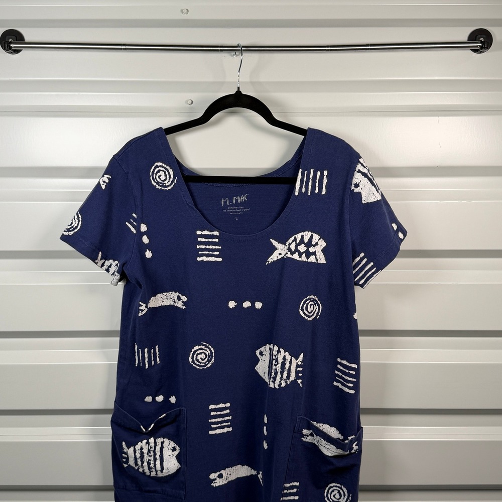 M. MAC Navy Blue Fish Print Cotton T-Shirt Dress Pockets Vermont Country Store L - Picture 2 of 4
